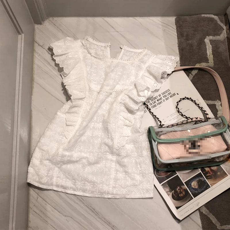 

2021 New Embroidery Lace Blouse 100% Cotton White Ruffle Sleeveless Blouses Women Summer Casual Tops