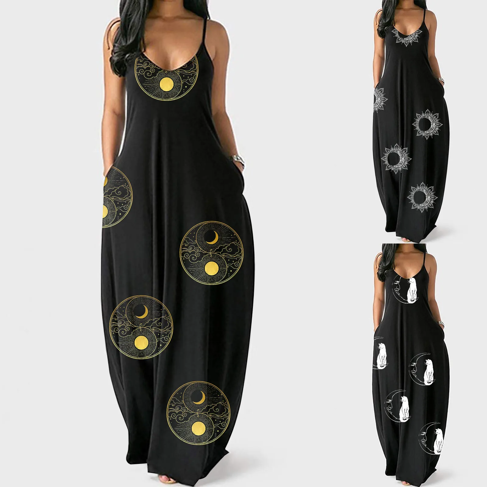 

Women Fashion Large Size Print Deep V Sling Long Skirt Dresses Ladies Summer Casual Sleeveless Dress Daily плае ленее женское