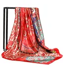 Женский шелковый шарф, сатиновый хиджаб с красным и белым фарфоровым принтом, квадратная бандана, мусульманская