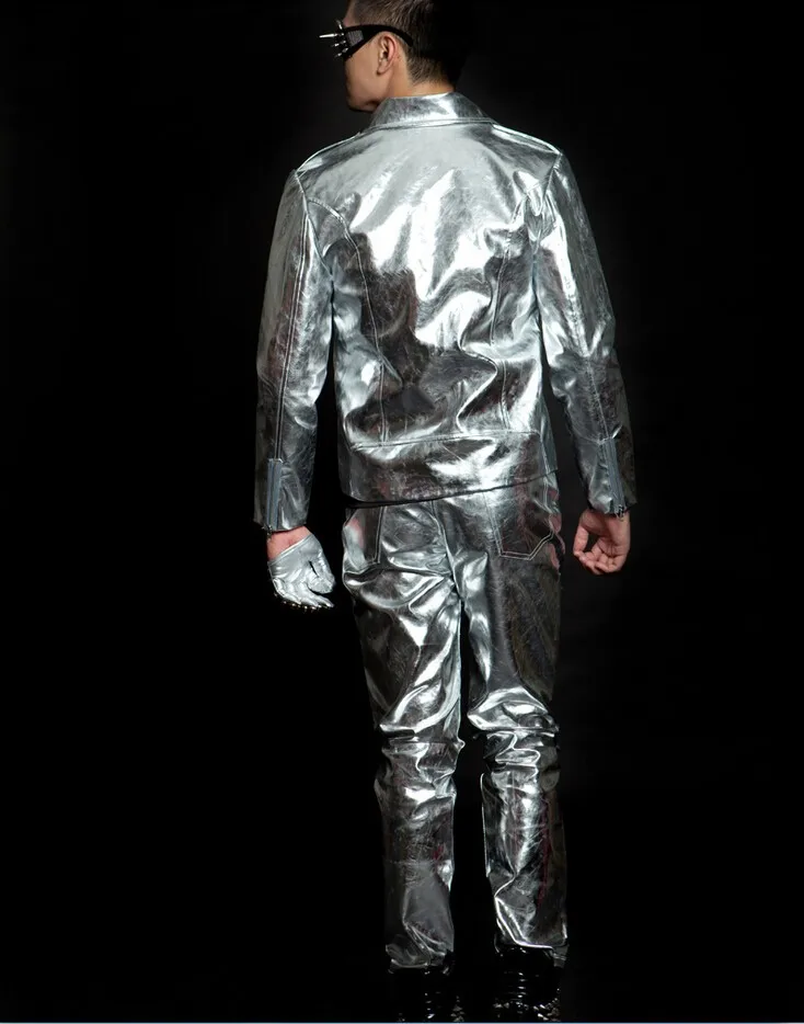 Костюм мужской кожаный с серебристыми заклепками Корейский пиджак для езды на