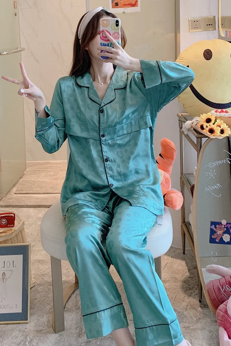 

Summer Autumn Thin Silk Maternity Nursing Pajamas Breastfeeding Sleepwear Clothes for Pregnant Women Pregnancy Sleep Lounge Wear
