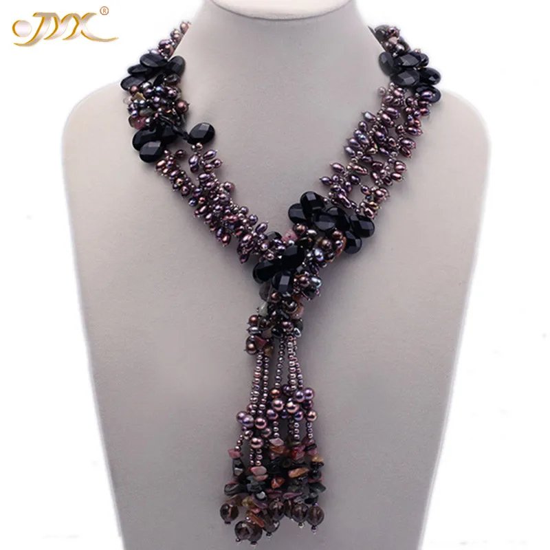 One Necklace JYX 7-9 мм чёрный пресноводный жемчуг с черным агатом и кристаллами чипы ожерелье для оперы ювелирные изделия подарок для женщин - Цвет камня: One Necklace