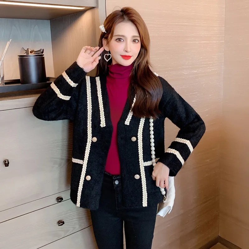 

2021 New Mink Cashmere Loose Sweater Cardigan Jacket Women Autumn and Winter Short Bright Silk Stripe Thickened Knitted Top Coat