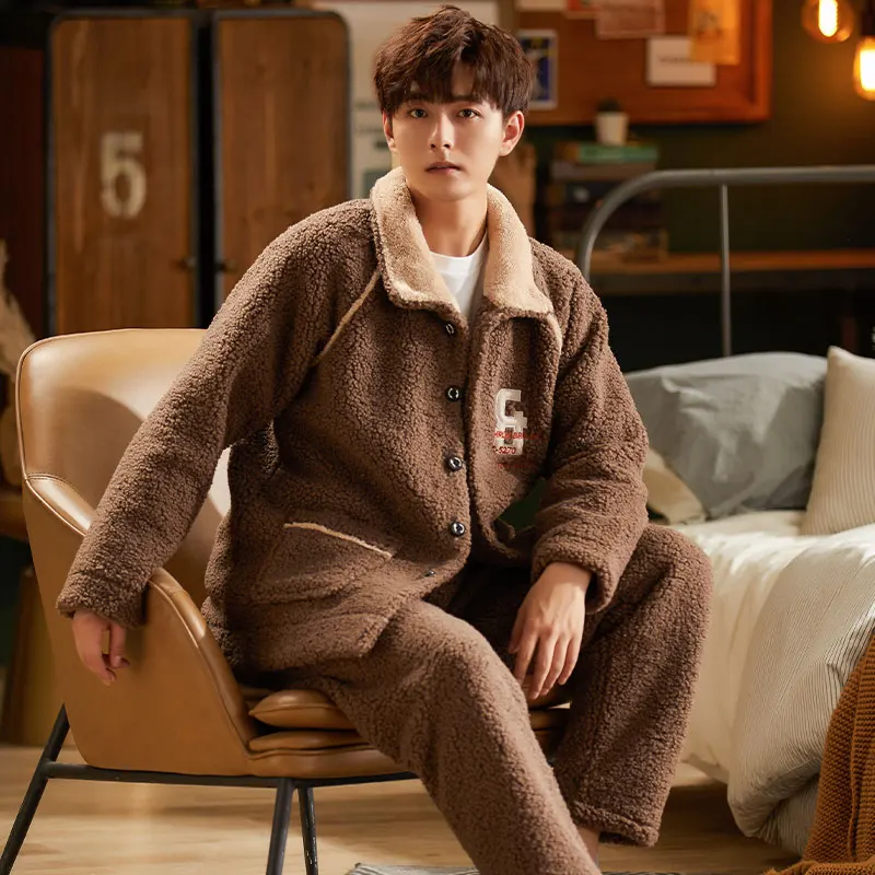 Ｍen's Ｗinter Coral Flannel Warm Full Sleeve Brown Colour Sleepwear Pajamas Set