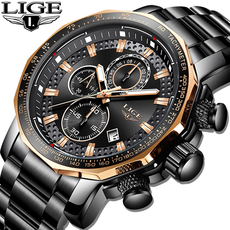 

Часы LIGE мужские с хронографом, спортивные брендовые Роскошные полностью стальные Кварцевые водонепроницаемые с большим циферблатом