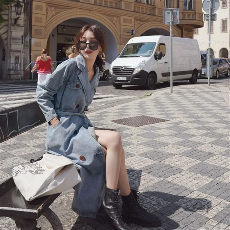 

GOOHOJIO Women's Denim Trench Coat Women New Spring Autumn Loose Denim Coats Windbreaker Fashion Wild Long Women Coats