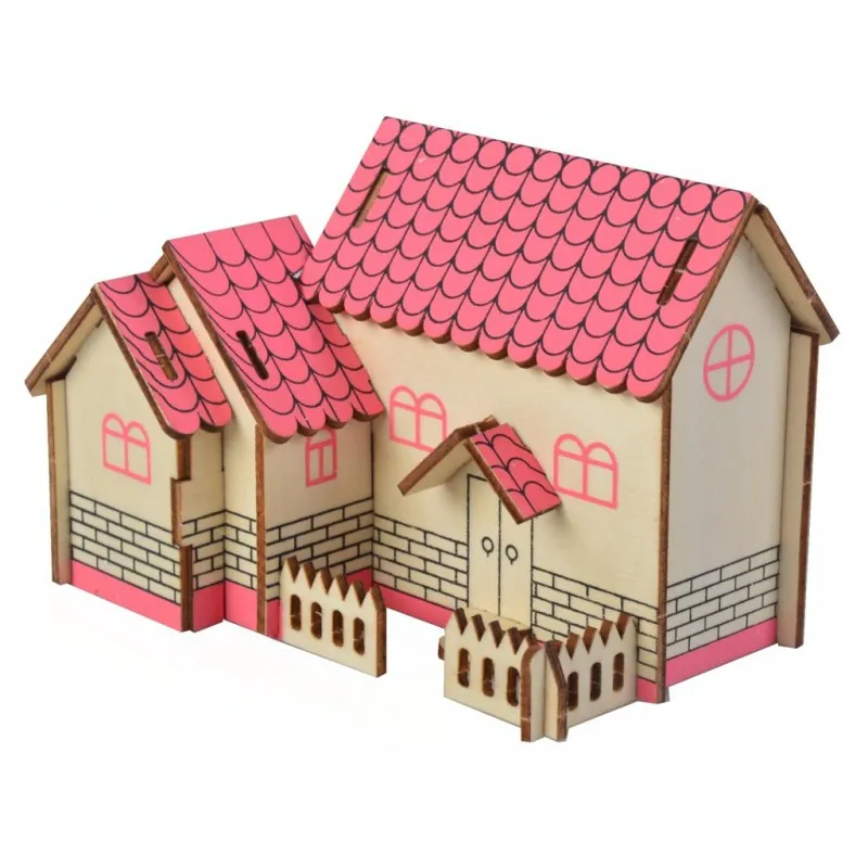 Kids DIY 3D Puzzle Wooden Toy Cartoon Pupple House Model Assemble Pink Educational Toys Creative Jigsaw Puzzles For Children | Игрушки и
