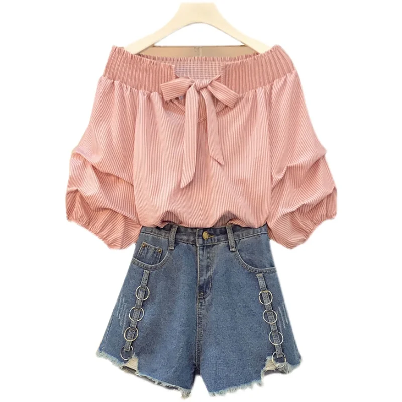 

Plus Size Women korean Summer two piece sets office ladies shirt and button denim shorts set for women Stripe clothes 2021