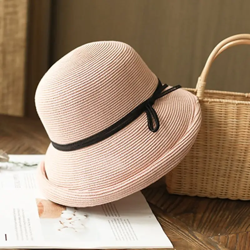 Women Hepburn Vintage Woven Sun Hat Elegant Contrast Color Bowknot Short Roll Up Brim Foldable Summer Bucket Cap