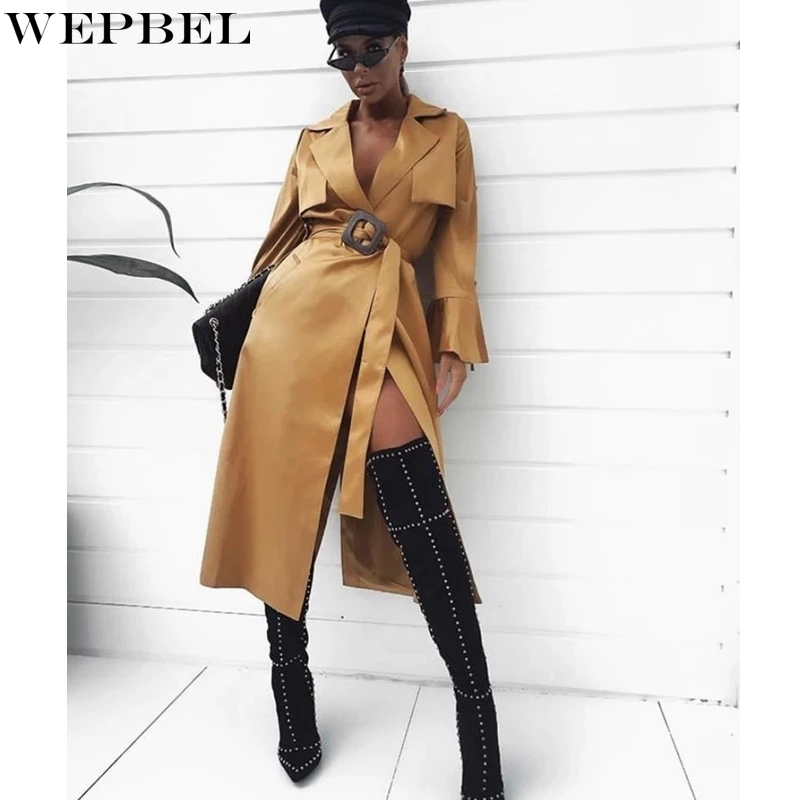 

WEPBEL Fashion Solid Color Dress Autumn V-neck Slim Fit Slit Dress Women's Casual Long Sleeve Turn-down Collar Lace-up Dress