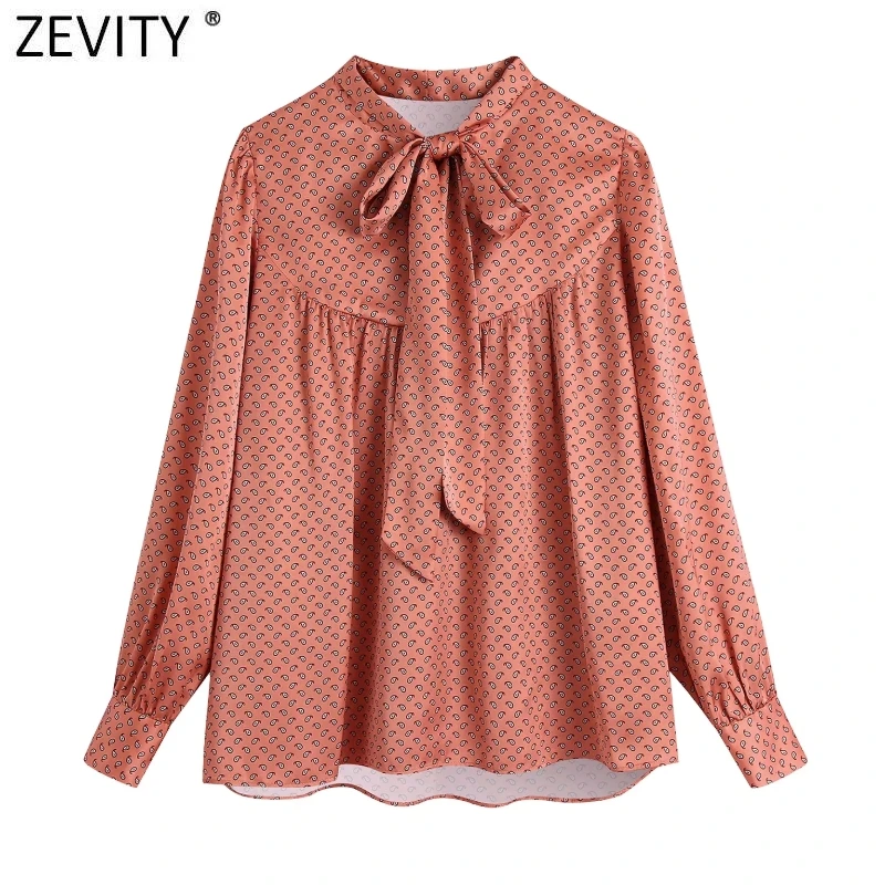

Zevity Women Sweet Lace Up Bow Design Nuts Print Casual Kimono Blouse Female Pleats Long Sleeve Satin Shirts Chemise Tops LS9875