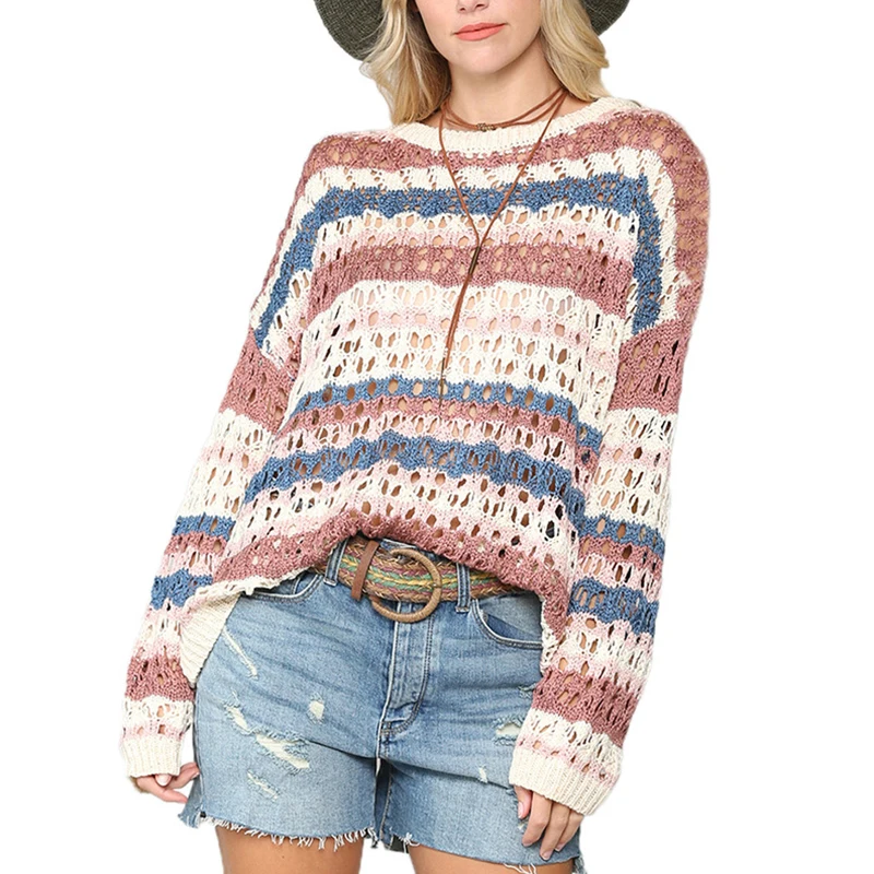 

Women Beach Overalls Autumn New Products Hollow Knit Sweater Color Stripe Stitching Sexy Hollow Out Women Harajuku Sweater .