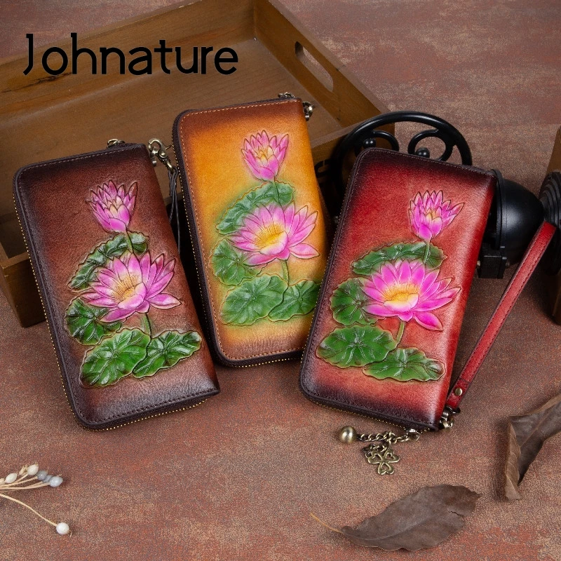 

Johnature 2022 New Women Purse Hand Painted Nature Cow Leather Retro Lotus Long Wallet Card Holder Embossing Lady Clutch Wallets