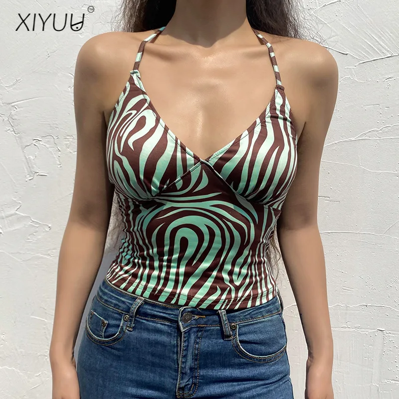 

XIYUU Ripple Printing Camis Tops Women Vest Backless Halter Lacing Croped Top Hollow Out Summer Sexy Party Beach Basis Tank Top