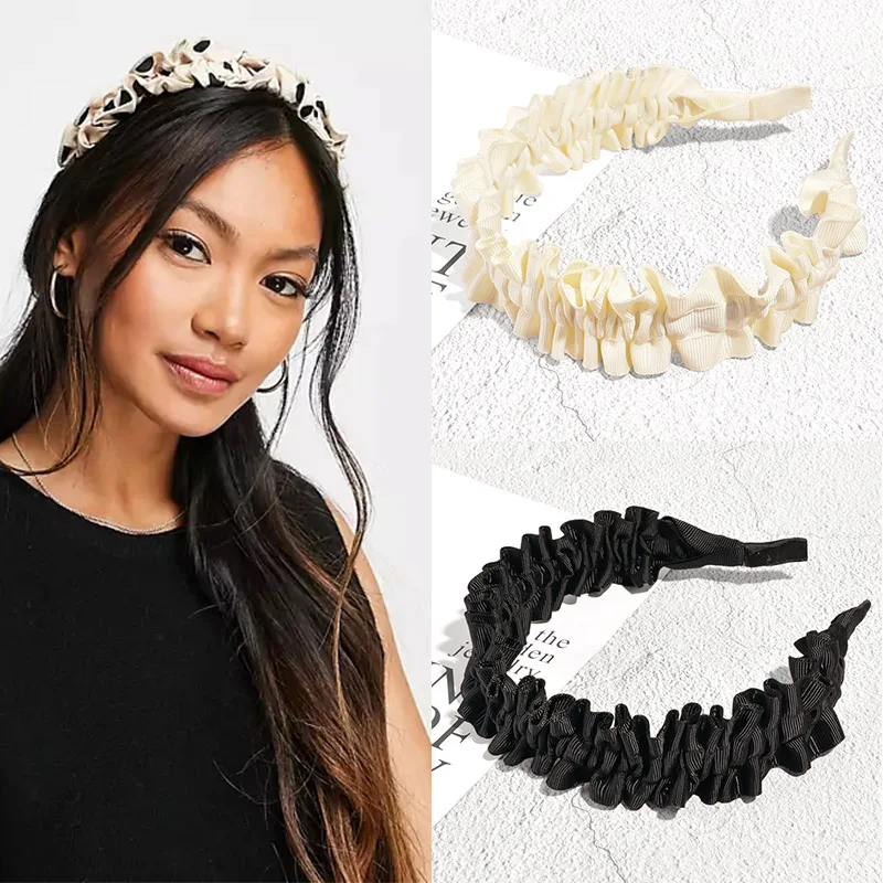 

Korean Fashion Headband Ladies Sweet Temperament Folds Macrame Solid Color Wide Hairband Ins Fashion Pressure Hair Headdress