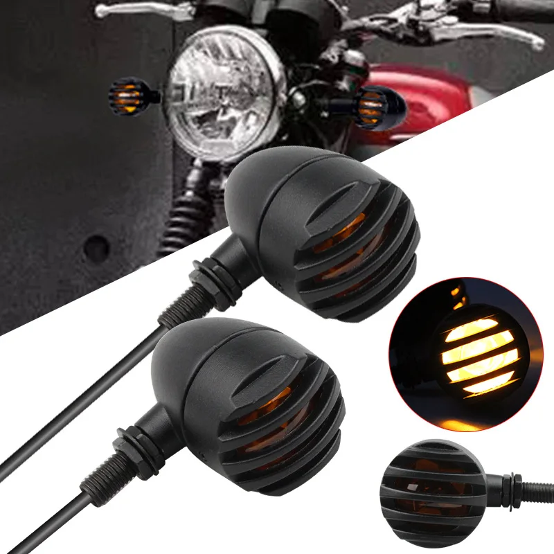 

2PCS LED Motorcycle Turn Signals Light 12V Indicators Lights black Grill For Harley Davidson Retro Lights