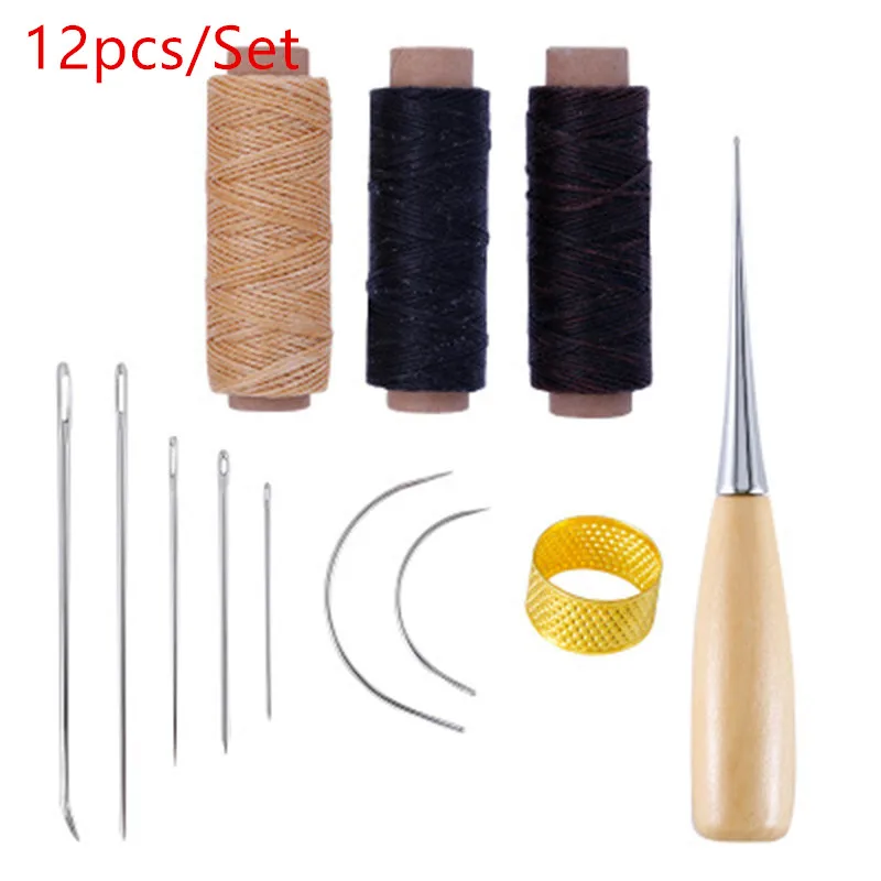 B 12pcs Set Набор инструментов для шитья кожи, набор инструментов для рукоделия, инструменты для рукоделия, ручная строчка, инструмент для шитья, нитевой Шило, наперсток, набор - Цвет: B 12pcs Set