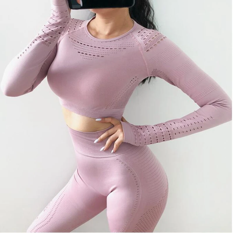

Thin Yoga Sets Women Seamless Yoga Sets High Waist Gym Mesh Leggings Shirts Suit Long Sleeve Fitness Workout Sports Running