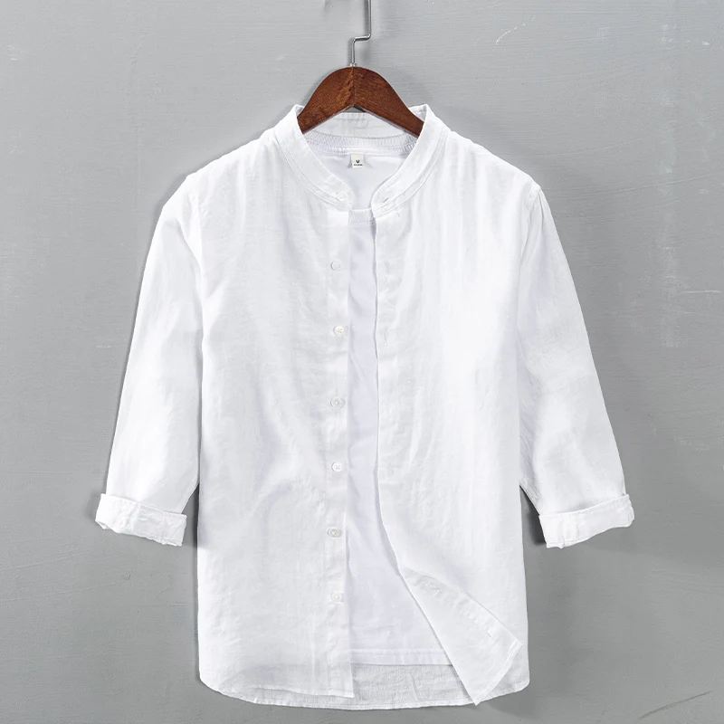 100% Linen three-quarter sleeve stand collr white shirt men casual brand shirts trendy breathable summer tops mens chemise