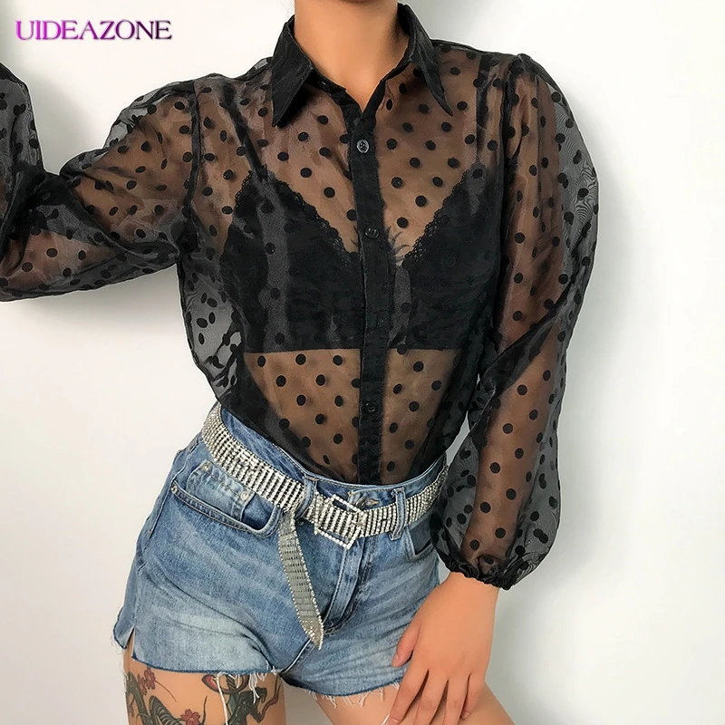 UIDEAZONE прозрачная блузка узор в горошек женская шифоновая рубашка сексуальная