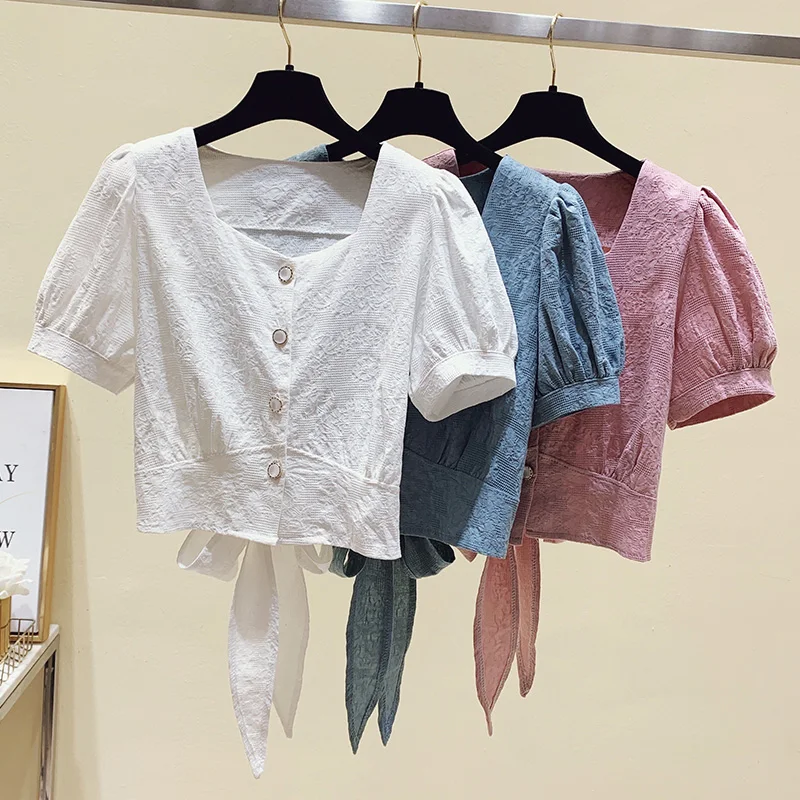 

Zoki Fashion Bandage Women Short Shirt Korean Button Up Summer Crop Shirts Elegant Bow Short Sleeve Casual Ladies Blouse