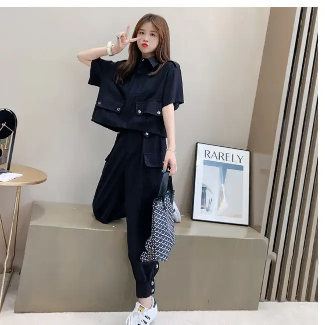 

Women 2021 Spring Summer Fashion Two-piece Sets Female Solid Color Short Tops Ladies High Waist Loose Harem Pants Suits K54
