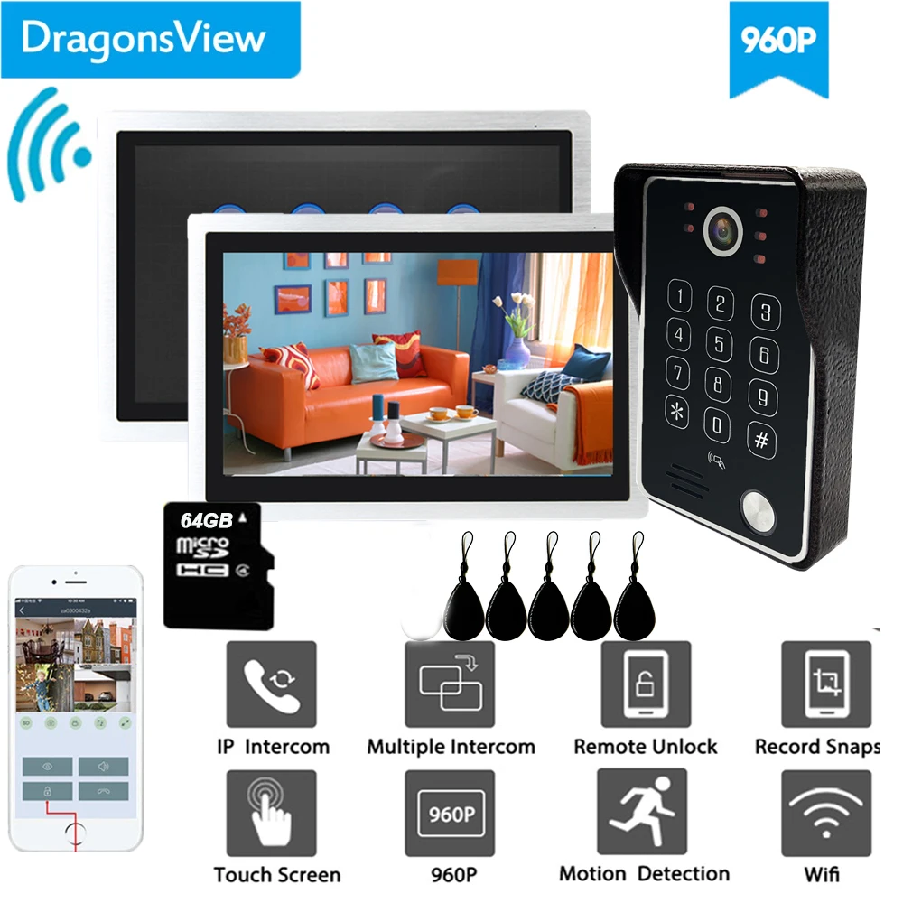 10 дюймовый умный дверной Видеозвонок Dragonsview с Wi Fi система внутренней связи RFID