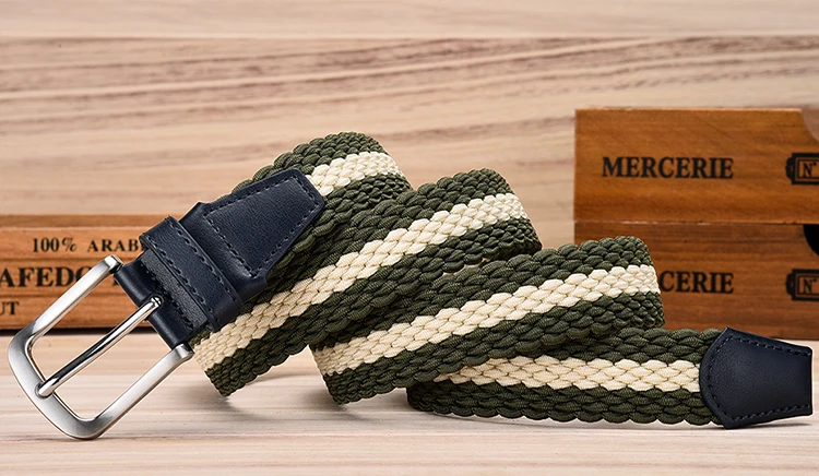 Fashion Casual Stretch Woven Belt With Leather Tip Top Elastic Belts For Men Jeans Mixed Color Braided Strap Zinc Alloy Buckle