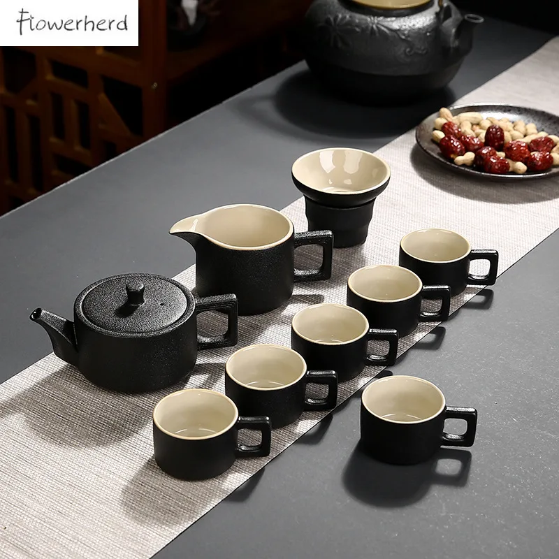 

Japanese Style Ceramic Kung Fu Tea Set Teaware Antique Black Pottery Tea Pot and Cup Set Teapot Set Tea Infuser Home Office Gift