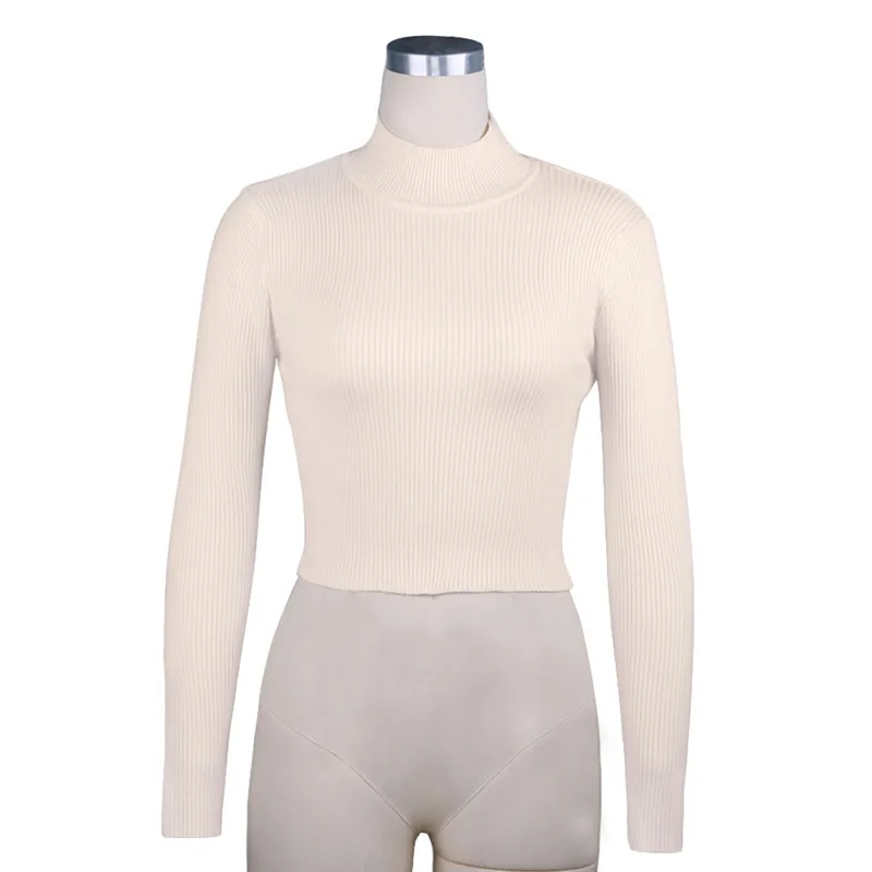 

Women Long Sleeve Crop Top, Sexy Solid Color Turtleneck Backless Slim Fit Tie Knot T-shirt