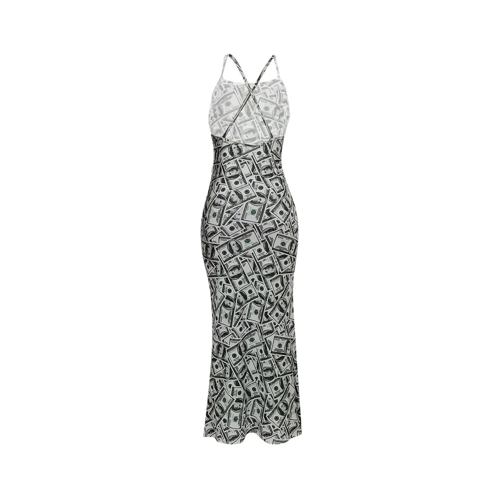 

Money Dollar Print Summer Bandage Sundress Women Spaghetti Strap Sleeveless Beach Dress Vintage Backless Party Dresses