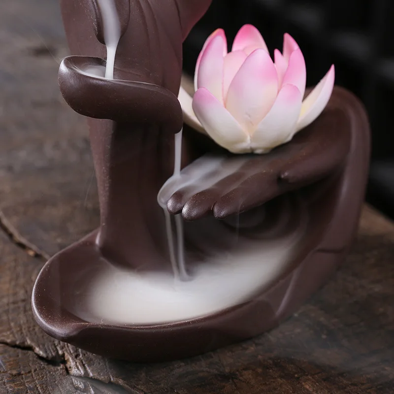 Günstig Lila Ton Rückfluss Weihrauch Brenner Lotus Buddha Hand Nahtlose Weiß Porzellan Handgemachte Blume Zen Rückfluss Aromatherapie Herd
