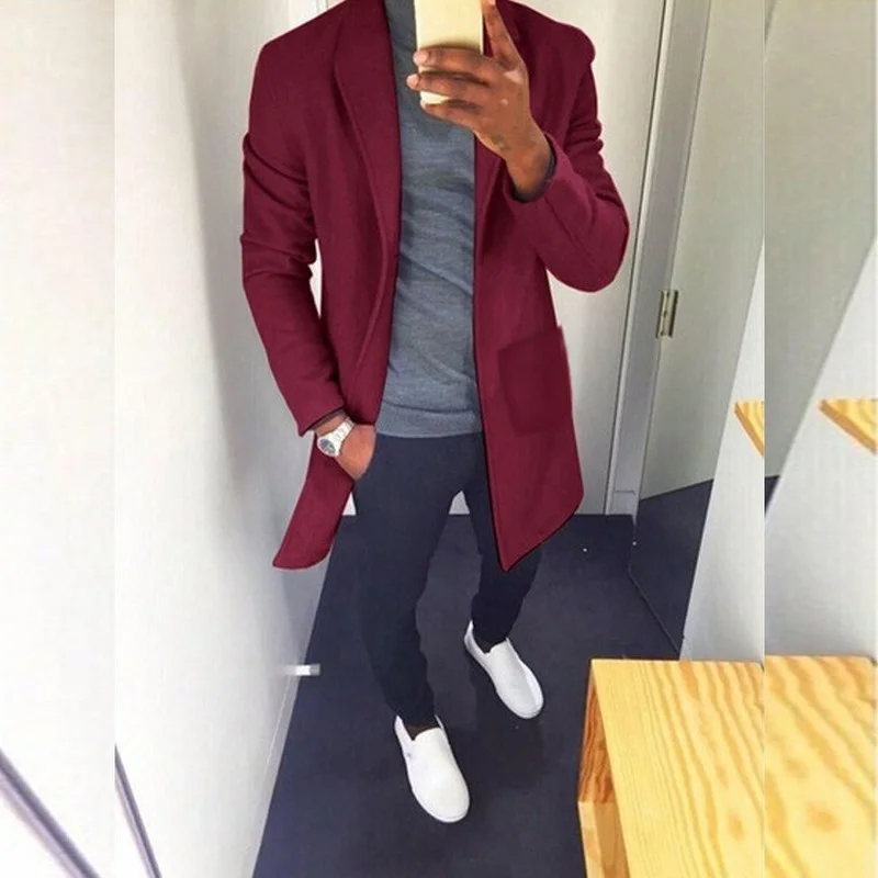 

Men's Trench Coat Men Woolen Coat Full Sleeve Open Solid Color Autumn Winter Thick Warm