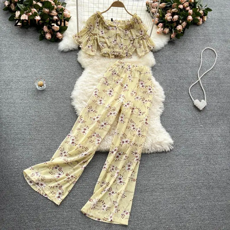 

Summer Women's Suit Seaside Holiday Style Chiffon Floral-neck Short Top + High-waist Wide-leg Pants New Female Sets