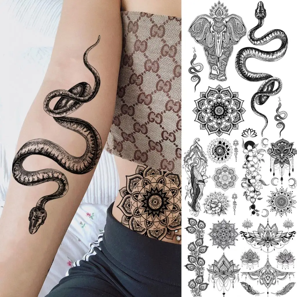

Realistic Henna Snake Elephant Mandala Temporary Tattoos For Women Adult Whale Fake Tattoo Waist Washable Half Sleeve Tatoos