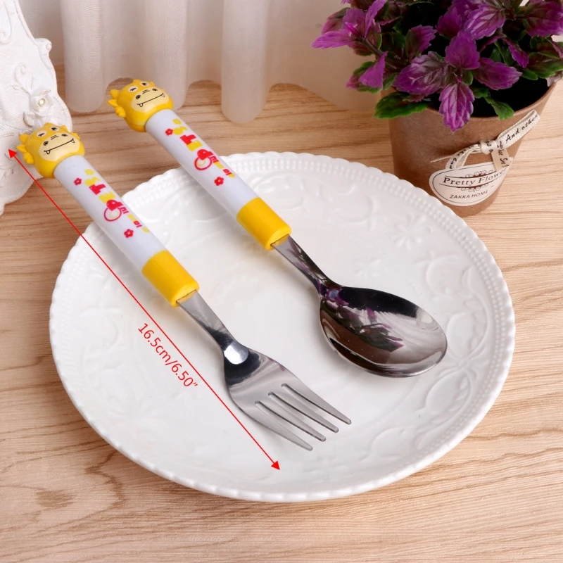 

2018 New 1 Set 2Pcs Baby Spoon Fork Cartoon Baby Safety Stainless Steel Spoon Fork Set Kids Feeding Tableware Baby Care