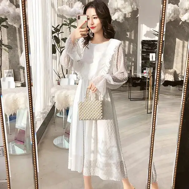 Белые осенние туфли с бантиком в горошек белое платье Корейском стиле модные