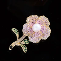 okily delicate aaa cz peony flower broochwith pearl movable pedicel creative pin cheongsam coat corsage accessories jewelry