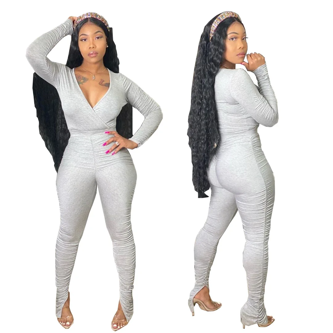 

Mono Mujer Verano Sexy V-neck Long Sleeve Skinny Jumpsuits Women Stacked Slightly Split Casual Female Overalls Combinaison Femme