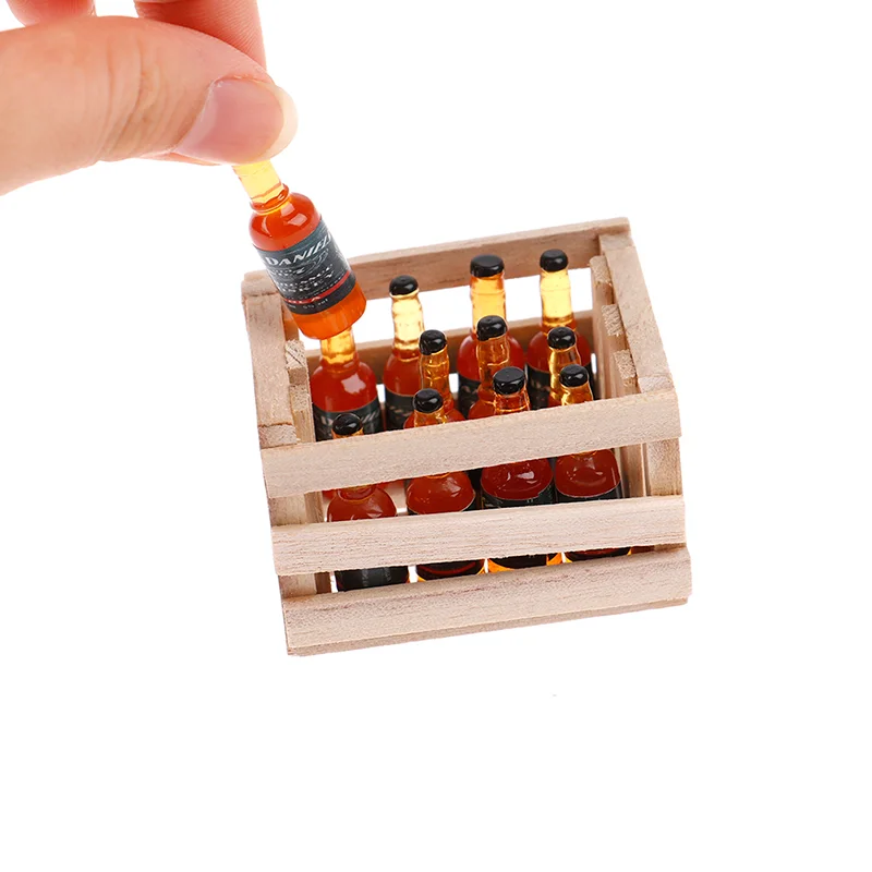 

Dollhouse Beer Wooden Frame Storage Basket Model Optional With 12 Bottles Simulation Drink Model Doll House Decoration