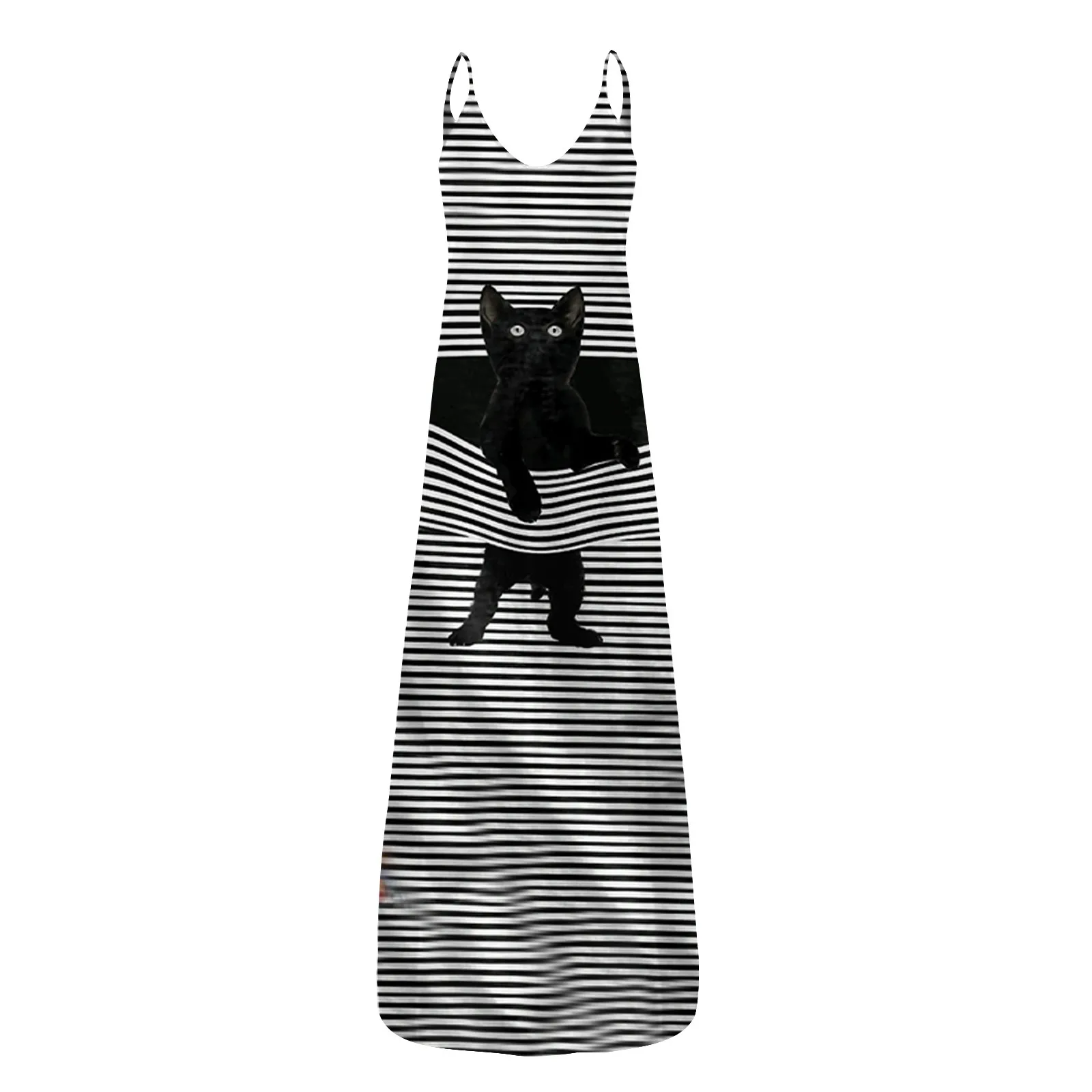 

Female Beach Dresses Vestidos Cat Print Summer Women Long Dress 2021 Sexy Spaghetti Strap Pocket Striped Maxi Dress Casual Loose