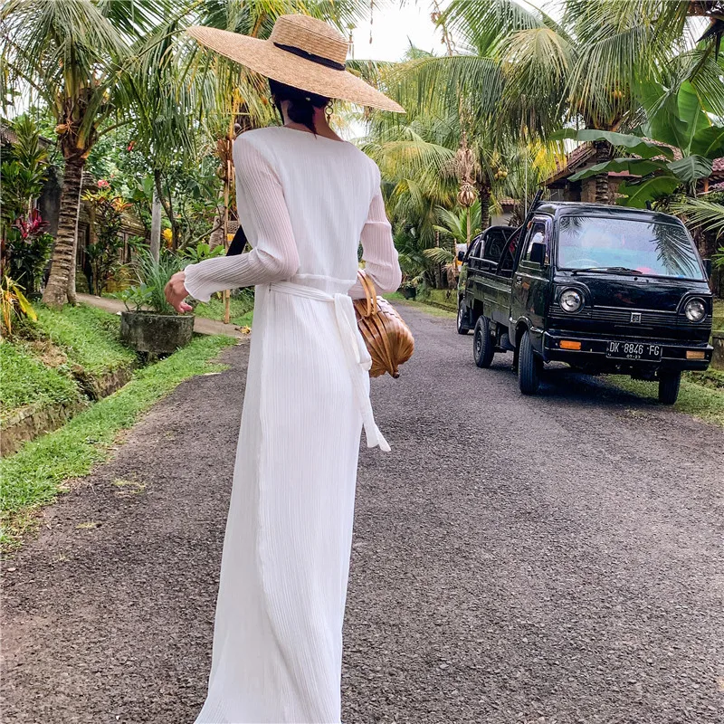 

beach skirt seaside holiday style long sleeve dress summer super slim long skirt female