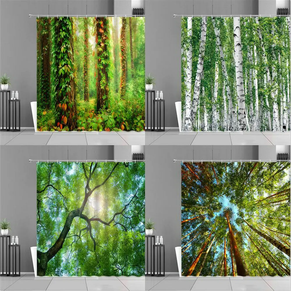 

Nature Forest Scenery Green Plants Cane Vine Bathroom Decor Shower Curtains Jungle Tree Landscape Waterproof Bath Curtain Screen