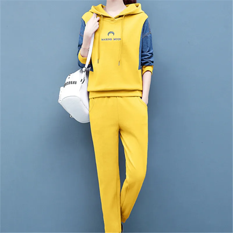 

Two Piece Set Women 2021 Spring Autumn Suit Female Fashion Large Size Hooded Sweater Stitching Pencil Pants Conjuntos De Mujer