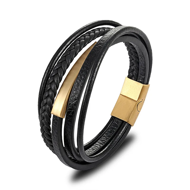 

Classic Men's Bracelet Black Braided Leather Cord Stainless Steel Magnet Clasp Bracelets Bangle Fashion Mens Handmade Jewelry