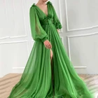 UZN Новое поступление зеленый v-образный вырез длинное платье с рукавами-фонариками тюль платье для выпускного вечера элегантное ТРАПЕЦИЕВИДНОЕ ДРАПИРОВАННОЕ вечернее платье размера плюс с oбoркaми длинный вечерние