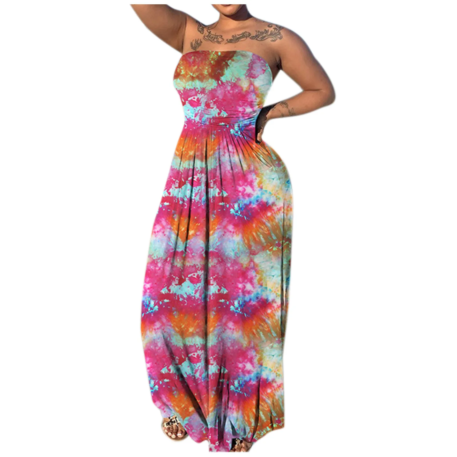 

Off Shoulder Tie Print Ruched Sleeveless Maxi Dress Women New Strapless Plus Size Casual Sexy Boho Beach Dresses 615#G