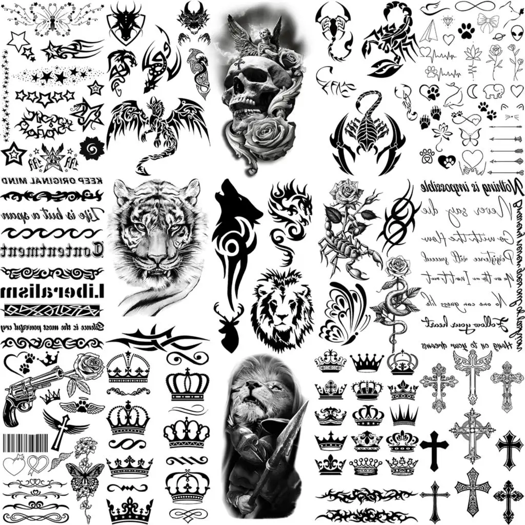 Черные этнические временные татуировки с левом для женщин и мужчин корона крест