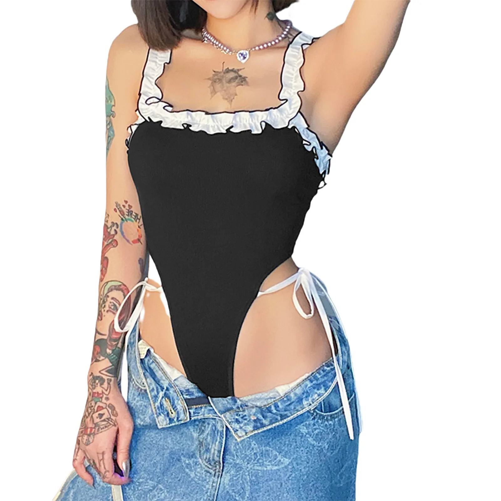 

Women's Bodysuit Tank Tops, Sexy Square Neck Frill Trim Color Block Tie Side Bodycon Leotards