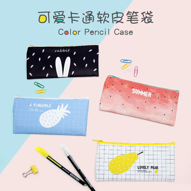 

Cute fruit cartoon zipper pencil bag hipster student PU pencil bag waterproof soft leather pencil box school supplies storage